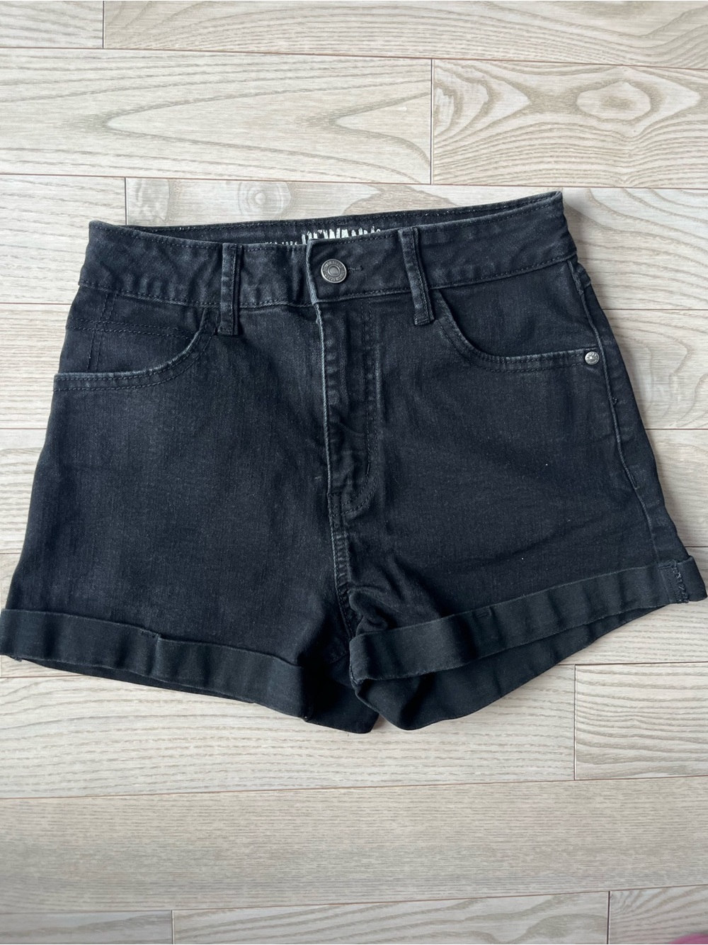 Rewash Black High-Rise Rolled Hem Denim Shorts